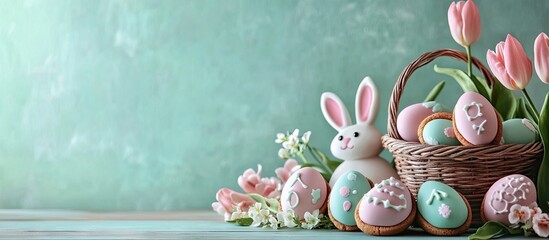 Poster - Easter greeting card background featuring pastel colored eggs and homemade cookies shaped like eggs and bunny rabbits along with a basket tulips and a rustic wooden table with copy space