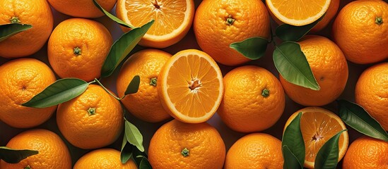 Aufkleber - Fresh oranges hanging from branches in an orange grove sources of Vitamin C artificial lighting selective focus copy space