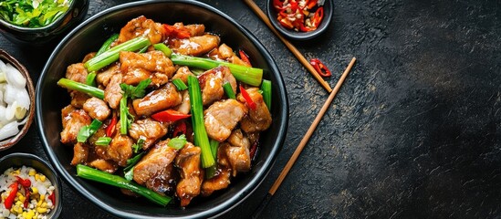 Leinwandbilder - Asian cuisine stir fried pork with Chinese leeks. with copy space image. Place for adding text or design
