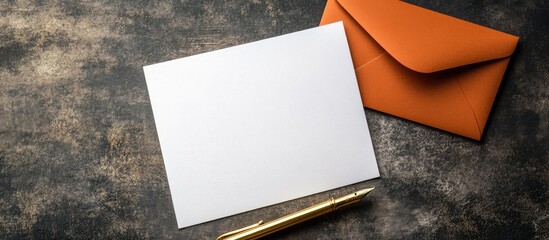 Poster - a blank white card beside a golden pen and an orange paper envelope. with copy space image. Place for adding text or design