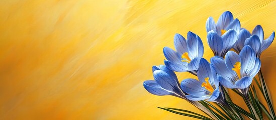 Aufkleber - Blue crocus flowers with copy space on a yellow background bathed in sunlight