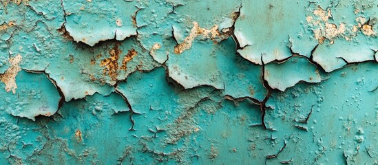 Poster - Close up detail of peeling paint on a rusted metal wall Textured old metal with cracks in the paint Turquoise hue Corroded surface Copyspace for your text
