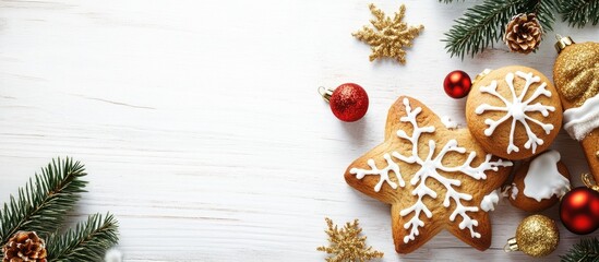 Poster - Christmas gingerbread adorned with festive decorations on a white wooden table Background for the Christmas holiday. with copy space image. Place for adding text or design