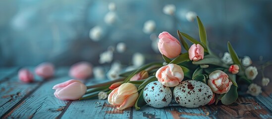 Aufkleber - Easter backdrop featuring Easter eggs tulips and a rustic wooden table Shallow depth of field with a bokeh background. with copy space image. Place for adding text or design