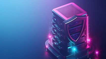 Poster - Futuristic digital server with a shield icon. Concept of cyber security, data protection, and advanced technology.