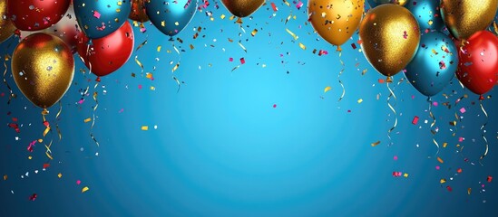 Poster - Beautiful blue backdrop featuring glitter confetti and vibrant air balloons celebration card with copy space