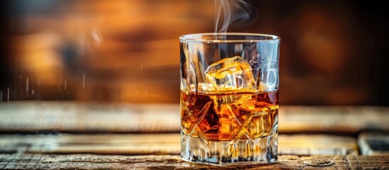 Aufkleber - glass of whiskey with ice on a wooden surface. with copy space image. Place for adding text or design