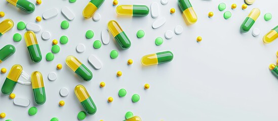 Aufkleber - Green and yellow pills or capsules on a white background with copy space Prescription medication for treatment Pharmaceutical drug remedy in a container for health Antibiotic