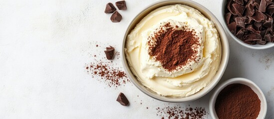 Poster - Mascarpone cheese and ingredients for creating the Italian dessert tiramisu on a light concrete surface Top view with copyspace