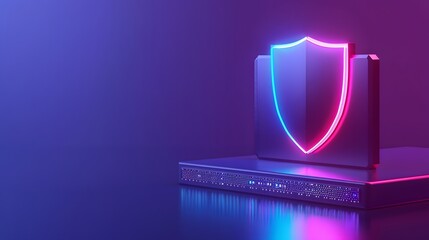 Wall Mural - Futuristic firewall protection represented by a glowing shield on a server, symbolizing cybersecurity and data defense in a digital environment.