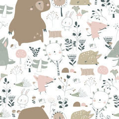 Wall Mural - Vector seamless pattern with cute animals in autumn forest