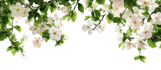 Poster - Blooming flowers and leaves of a tree on a white background. with copy space image. Place for adding text or design