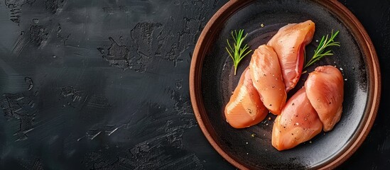 Poster - Cut raw chicken breast fillet on a plate Dark background Top view Copyspace
