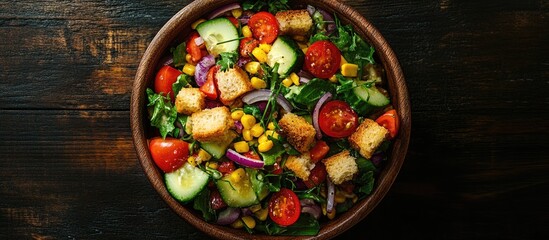 Aufkleber - Fresh vegetable salad featuring sweet corn cherry tomatoes cucumber red onion red pepper chives and croutons in a wooden bowl captured from above on dark wood with natural light