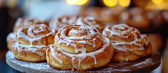 Aufkleber - Twisted traditional Swedish cinnamon rolls at a cafe High quality photo. with copy space image. Place for adding text or design