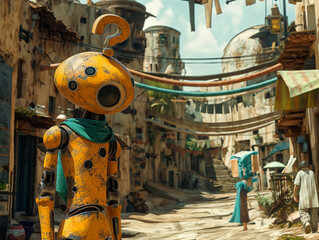 Wall Mural - A robot with a yellow body and a blue scarf stands in front of a building. The robot is looking up at the sky