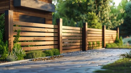 Poster - A wooden fence with a brick walkway in front of a house