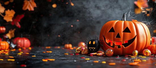 Poster - Halloween holiday backdrop featuring a pumpkin and candy Halloween theme Pumpkins spiders and a mask set against a black background. with copy space image. Place for adding text or design