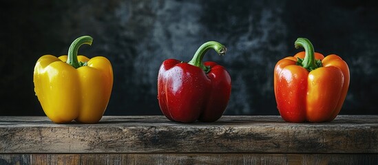 Poster - Three vibrant bell peppers are placed on the wooden table The photo features dark tones of yellow red and orange capsicums. with copy space image. Place for adding text or design