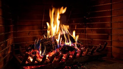 Canvas Print - Fire burning in fireplace. Warm home in winter, Christmas holiday