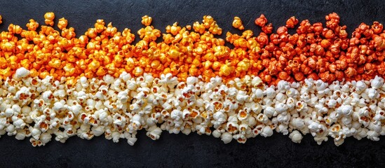 Aufkleber - Assorted popcorn arranged as a background Sweet and salty popcorn on a black backdrop Still life top view flat lay Theme of cinema and entertainment. with copy space image