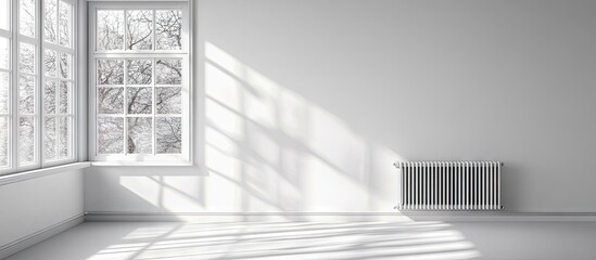 Poster - Plastic window and radiator on a white wall in an empty bright room at home. with copy space image. Place for adding text or design
