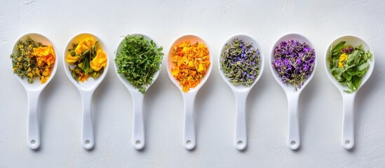 Poster - Plastic scoops containing olive oil dried marigold lavender parsley and dog rose flowers Concept of aromatherapy herbal medicine and natural care for skin and hair Top view copy space
