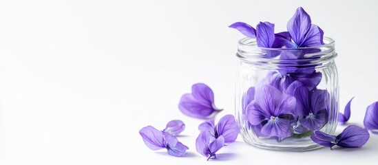 Poster - Butterfly pea featuring stunning purple flowers in a glass jar against a white background with copyspace The blue color from the flowers can be utilized for food coloring and herbal beverages