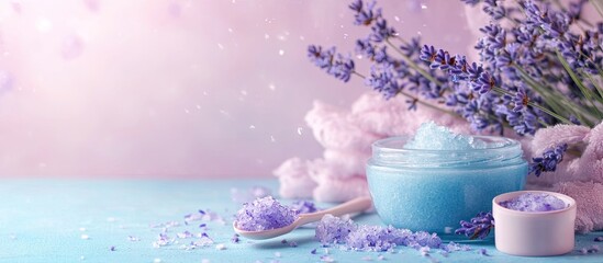 Poster - Handmade Lavender Scrub with Coconut Oil Lavender Tonic Spa Set Toiletries. with copy space image. Place for adding text or design