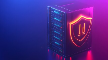 Poster - Futuristic server rack with neon shield icon representing cybersecurity and data protection in a dark, colorful setting.