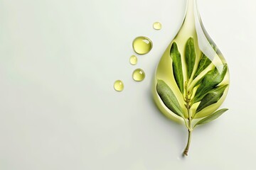 Olive oil drop shaped like an olive branch on clean white background