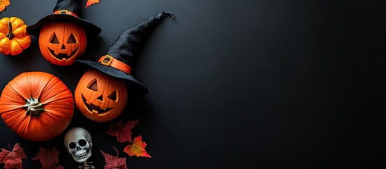 Poster - Preparing for Halloween with pumpkins and adorable Halloween creatures like a skeleton and a witch Black background top view copy space