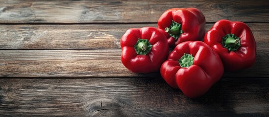 Aufkleber - Red bell peppers on a wooden surface. with copy space image. Place for adding text or design