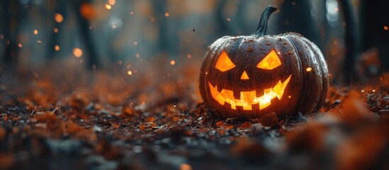Poster - Noise concept for the traditional autumn holiday Halloween Selective focus Shallow depth of field. with copy space image. Place for adding text or design