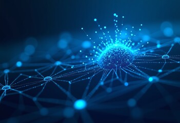 Poster - Cyberpunk Aesthetic: Blue Neural Network Grid with Data Flow and Connected Particles