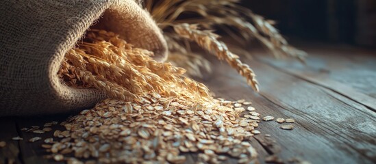 Fototapete - Oat grains on a wooden table oatmeal Abundant harvest A nutritious fresh dry oat meal. with copy space image. Place for adding text or design
