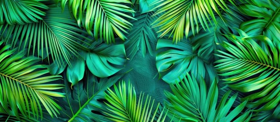 Fototapete - palm leaves on a colored backdrop. with copy space image. Place for adding text or design
