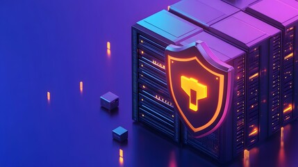Poster - Futuristic server stack with shield icon symbolizing cybersecurity and data protection in a glowing purple and blue environment.