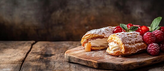 Poster - Bomb filled with dulce de leche A traditional Brazilian eclair sliced in half with fruit placed on a rustic wooden board. with copy space image. Place for adding text or design