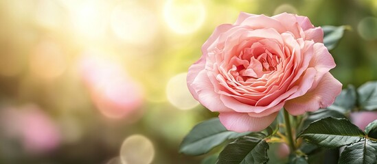 Poster - Soft pink rose in the garden. with copy space image. Place for adding text or design