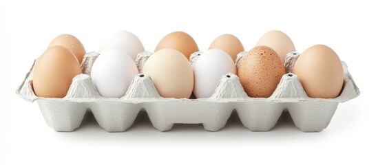 Poster - chicken eggs in a box set against a white background Image jpeg. with copy space image. Place for adding text or design
