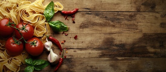 Aufkleber - fresh tomato uncooked pasta basil red chili garlic onion sweet green pepper on a brown wooden surface from above. with copy space image. Place for adding text or design
