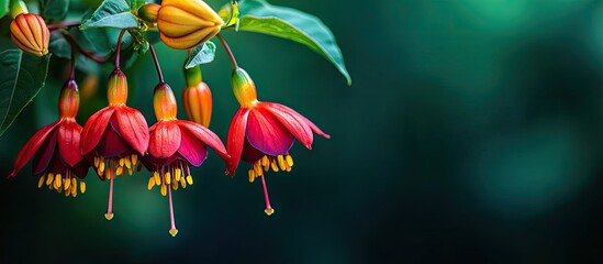 Aufkleber - A bulb of vibrant red and yellow fuchsia flower set against a deep green background. with copy space image. Place for adding text or design