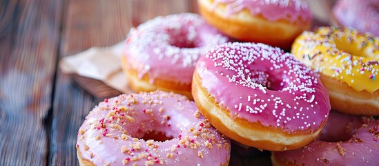 Poster - Fried American donuts on a white background with various glazes. with copy space image. Place for adding text or design