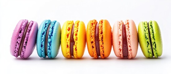 Fototapete - Colorful French macaroons set against a white background. with copy space image. Place for adding text or design