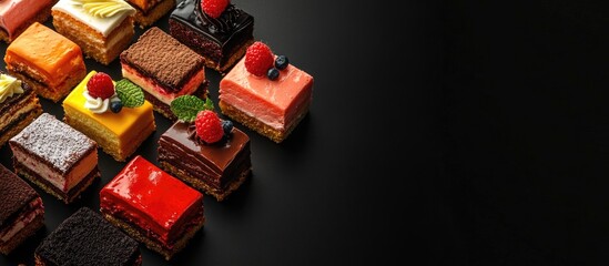 Fototapete - A variety of vibrant natural sweet cakes set against a black background Copyspace for text Concept of delicious cakes Food backdrop Close up view