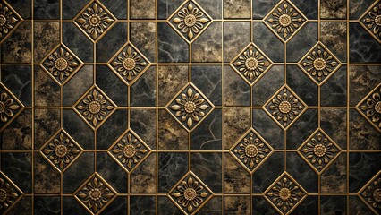 Aufkleber - Black tile with gold patinated pattern, rendering , black, tile, gold, patinated, pattern,rendering, luxury, elegant, design