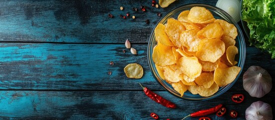 Aufkleber - Crispy potato chips in a glass bowl accompanied by chili pepper garlic salad and onions on an aged blue wooden surface Homemade potato chips top view. with copy space image