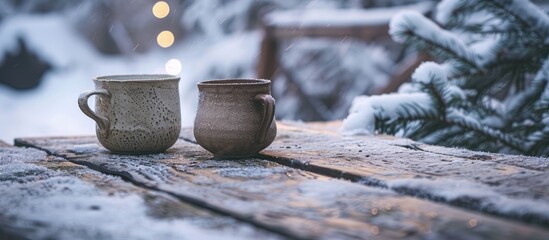 Aufkleber - Two cups of coffee and a coffee pot sit on a snow covered table on a winter day with selective focus. with copy space image. Place for adding text or design