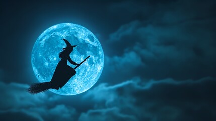 Witch flying on a broomstick under a full moon, Witch broomstick spell, magical night